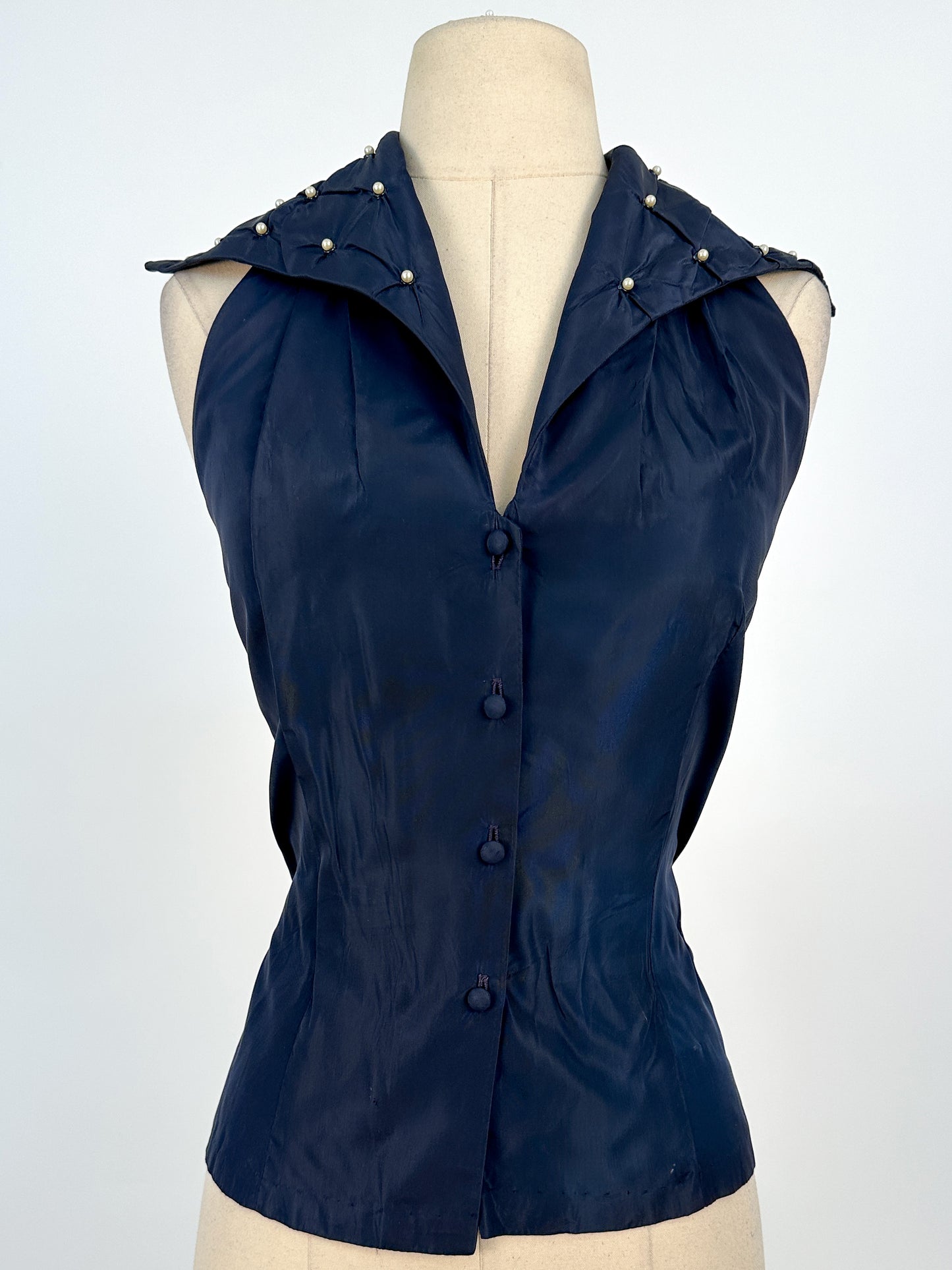 1950s Navy Taffeta Two-Piece Ensemble Adorned with Pearls / Waist 28
