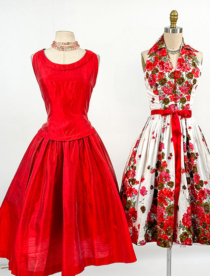 1950s Vibrant Red Drop Waist Sun Dress / Waist 28