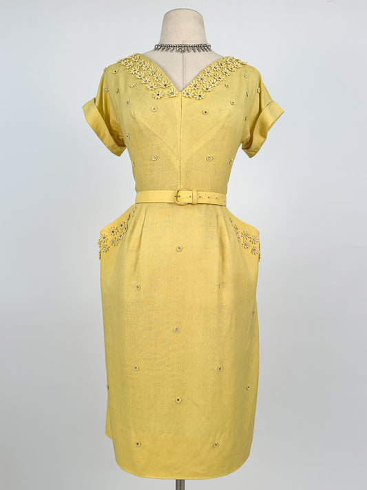 1950s Lemon Yellow Linen Wiggle Dress / Waist 28