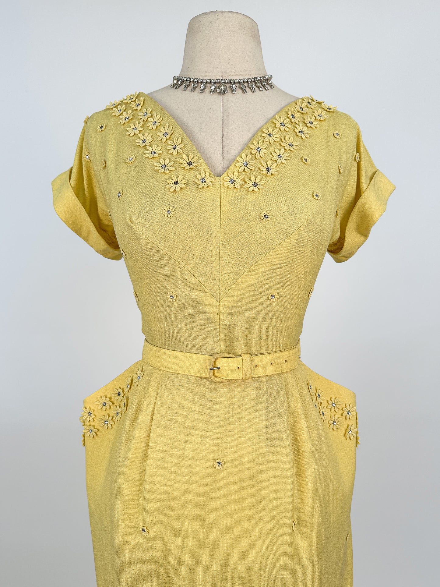 1950s Lemon Yellow Linen Wiggle Dress / Waist 28