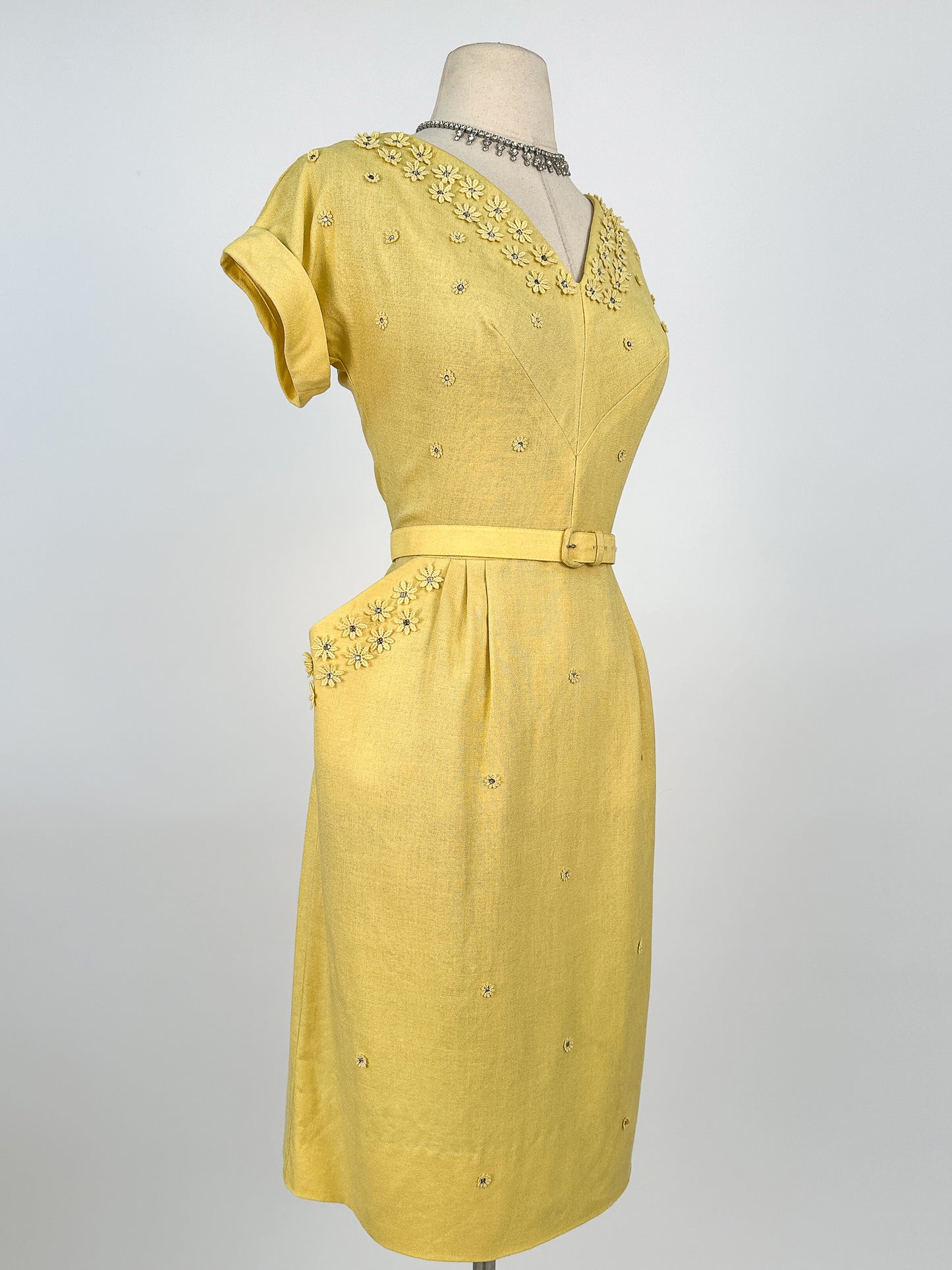 1950s Lemon Yellow Linen Wiggle Dress / Waist 28