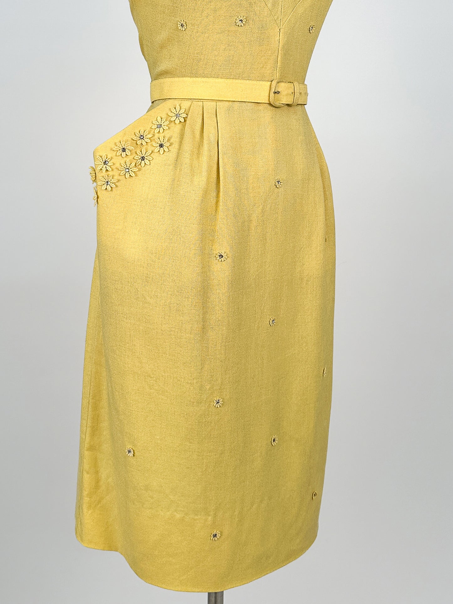 1950s Lemon Yellow Linen Wiggle Dress / Waist 28