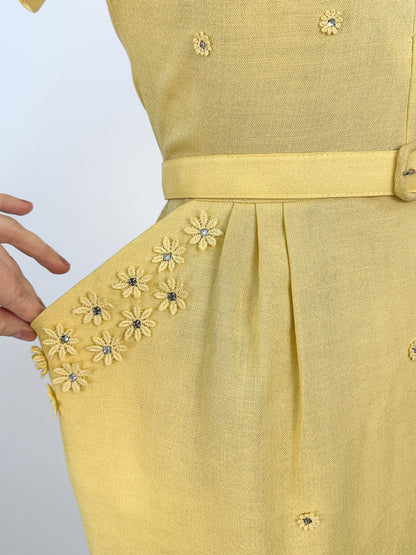 1950s Lemon Yellow Linen Wiggle Dress / Waist 28