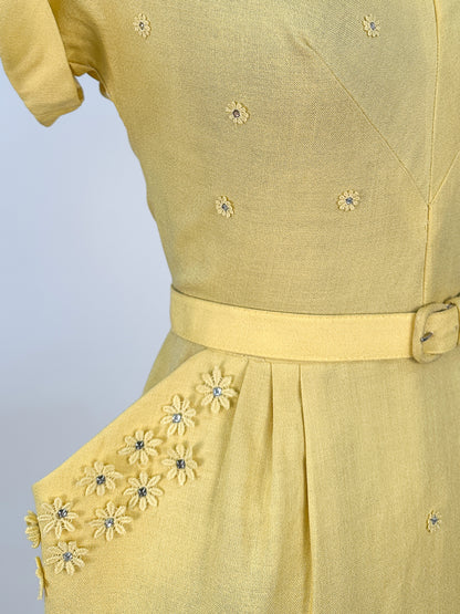 1950s Lemon Yellow Linen Wiggle Dress / Waist 28