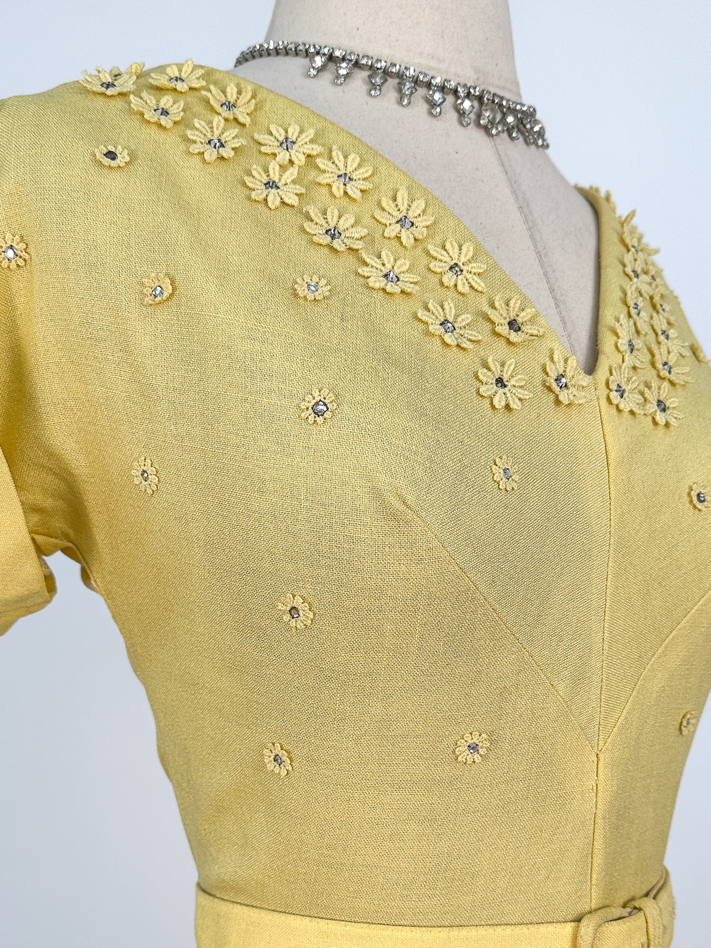 1950s Lemon Yellow Linen Wiggle Dress / Waist 28