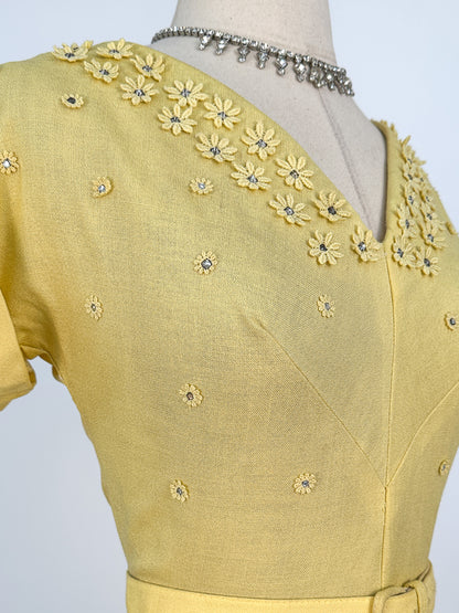 1950s Lemon Yellow Linen Wiggle Dress / Waist 28