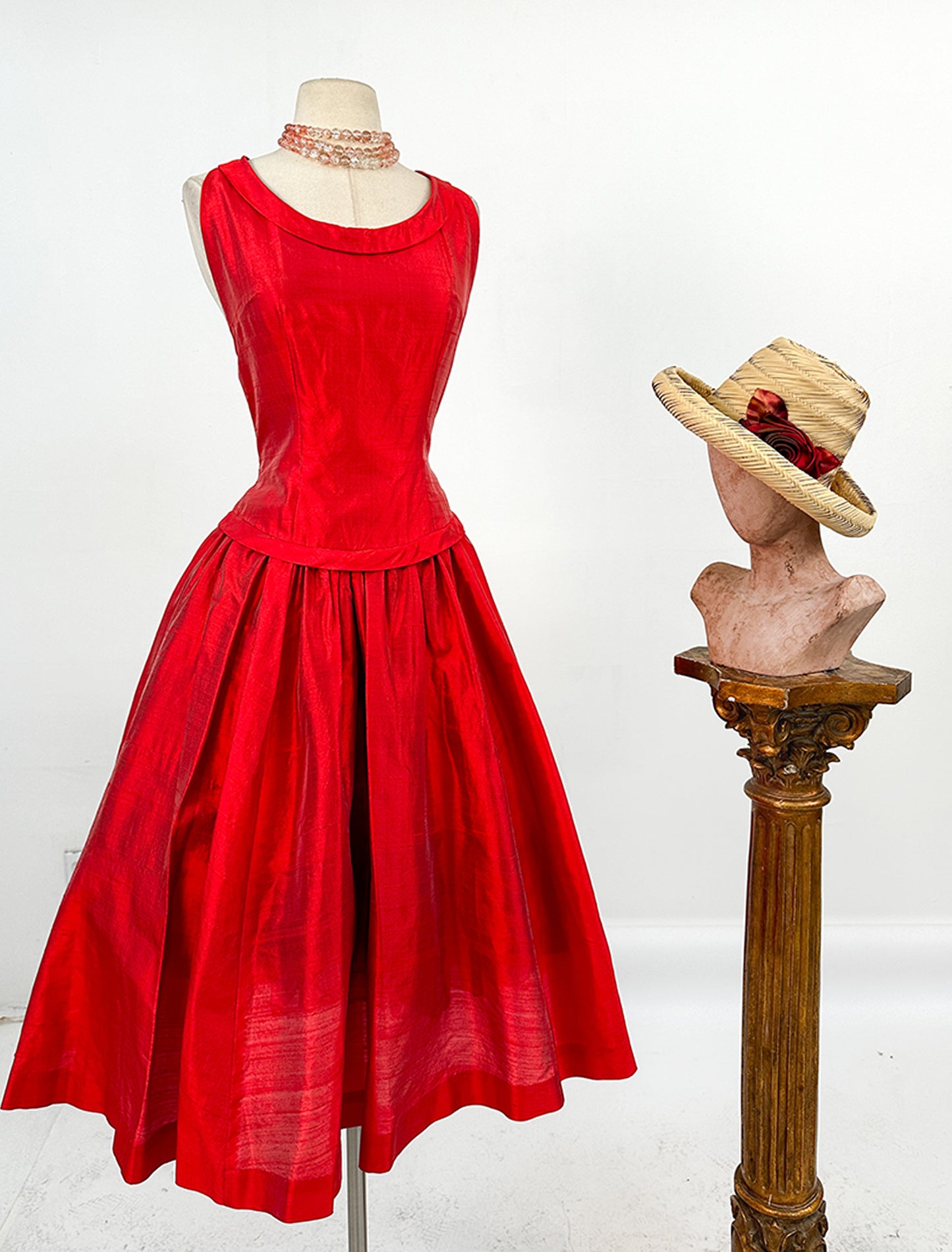 1950s Vibrant Red Drop Waist Sun Dress / Waist 28