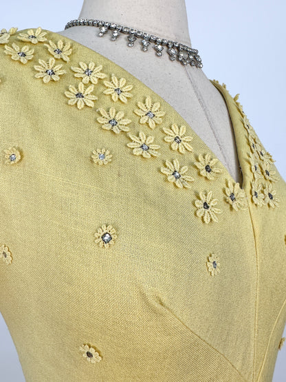 1950s Lemon Yellow Linen Wiggle Dress / Waist 28