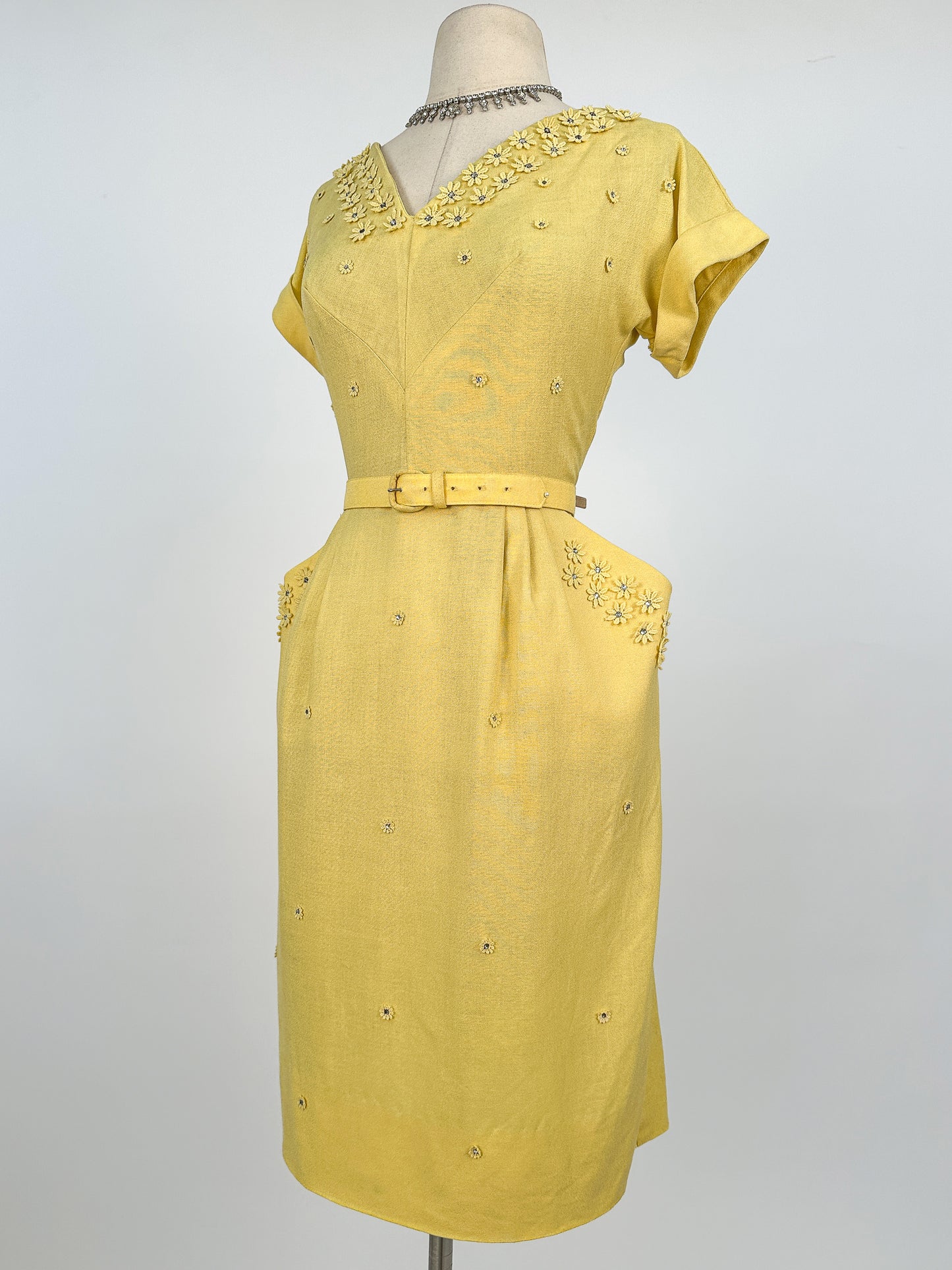 1950s Lemon Yellow Linen Wiggle Dress / Waist 28