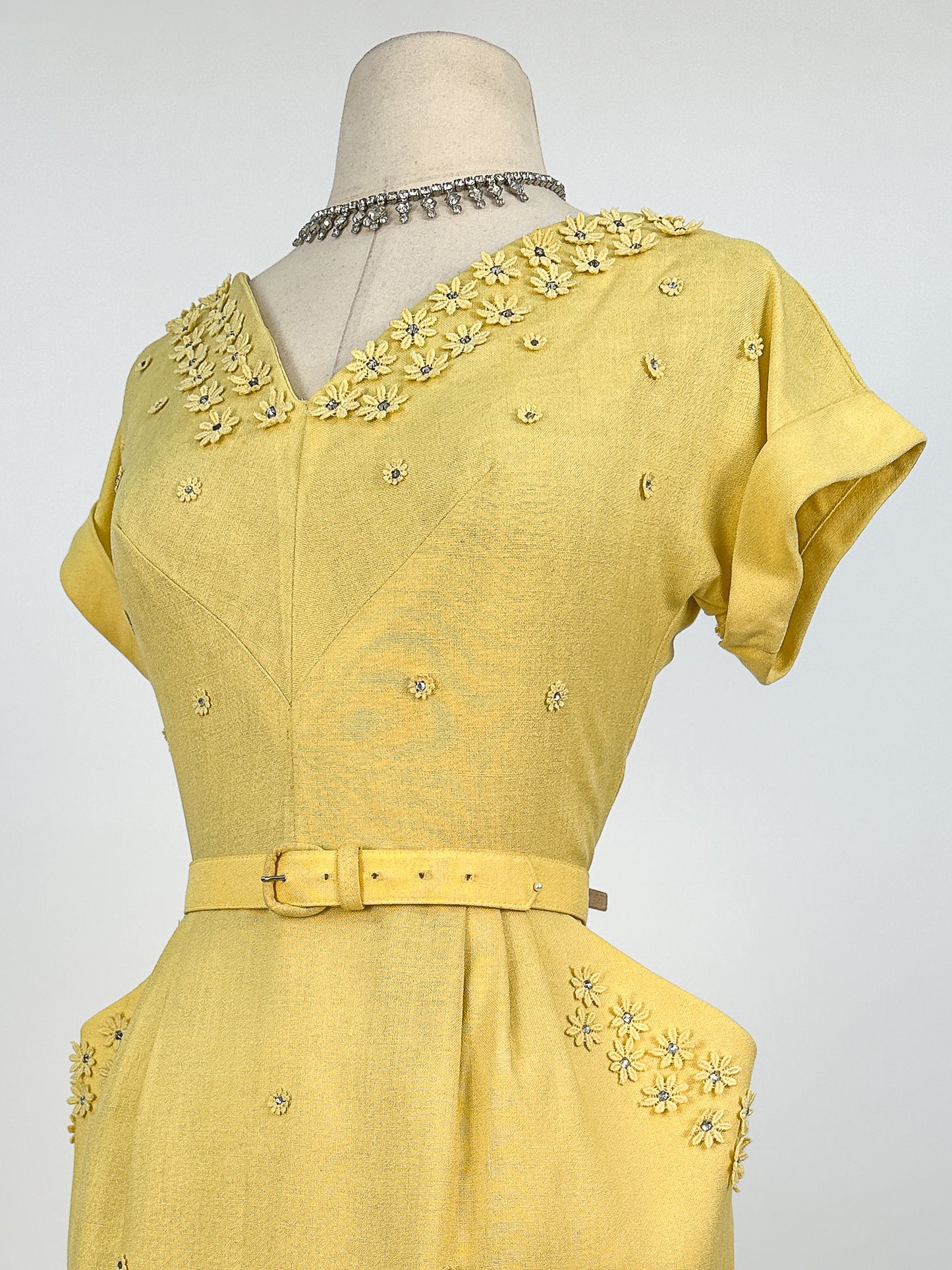 1950s Lemon Yellow Linen Wiggle Dress / Waist 28