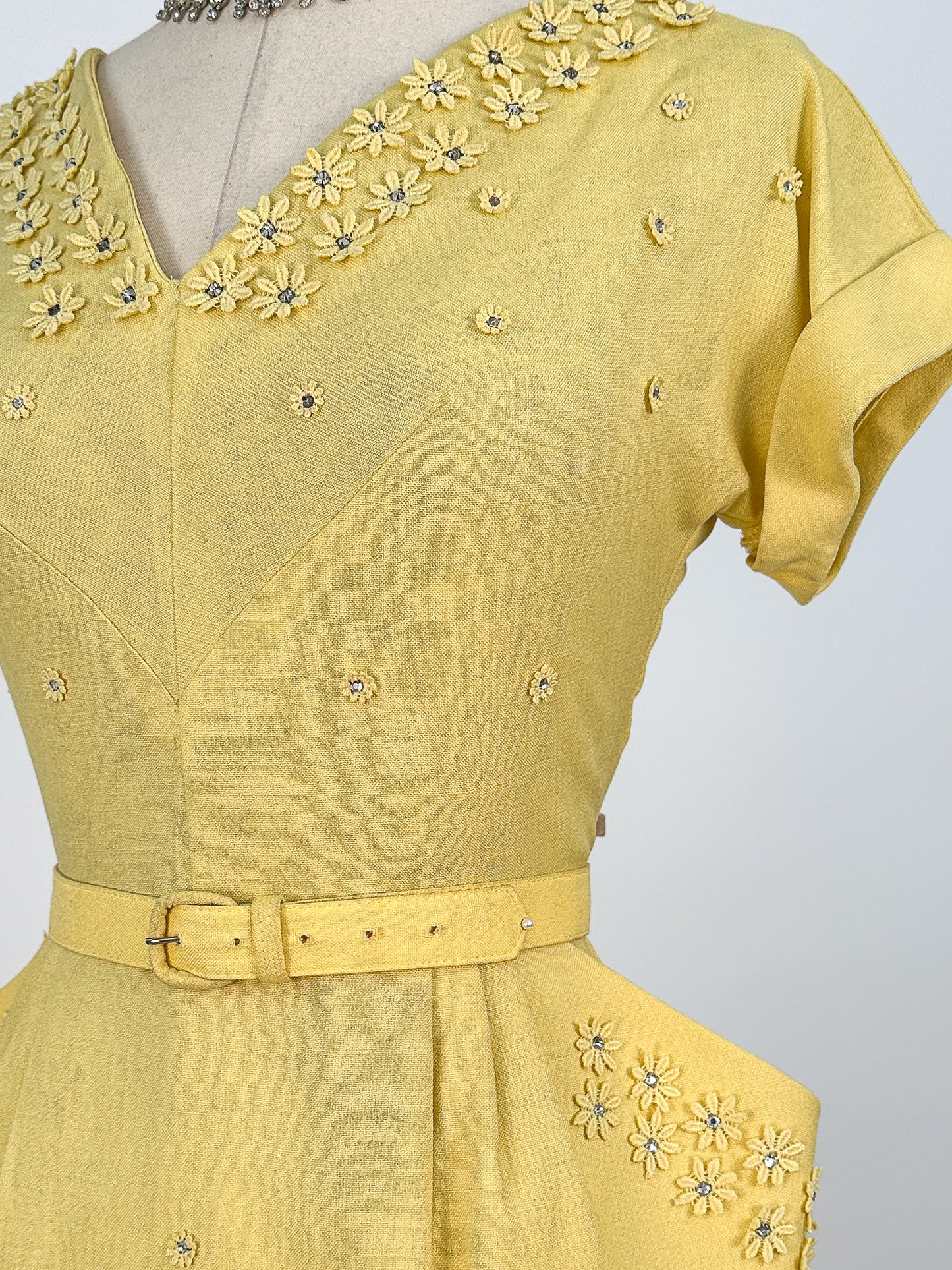 1950s Lemon Yellow Linen Wiggle Dress / Waist 28