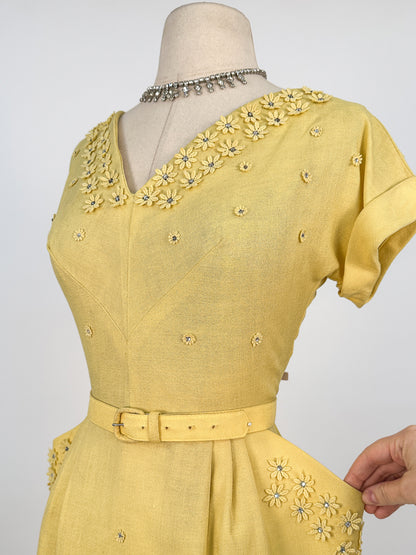 1950s Lemon Yellow Linen Wiggle Dress / Waist 28