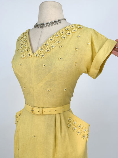 1950s Lemon Yellow Linen Wiggle Dress / Waist 28