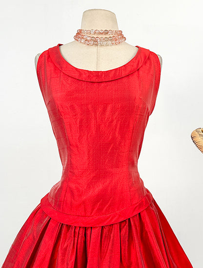 1950s Vibrant Red Drop Waist Sun Dress / Waist 28