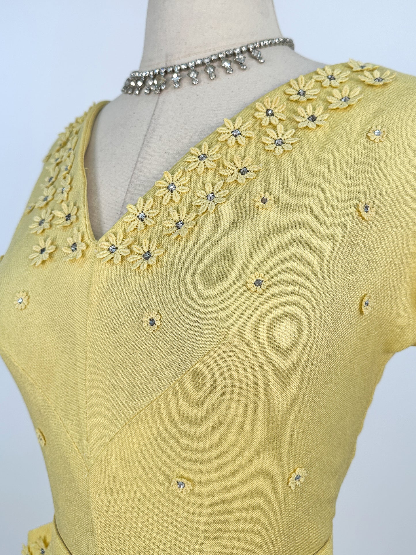 1950s Lemon Yellow Linen Wiggle Dress / Waist 28