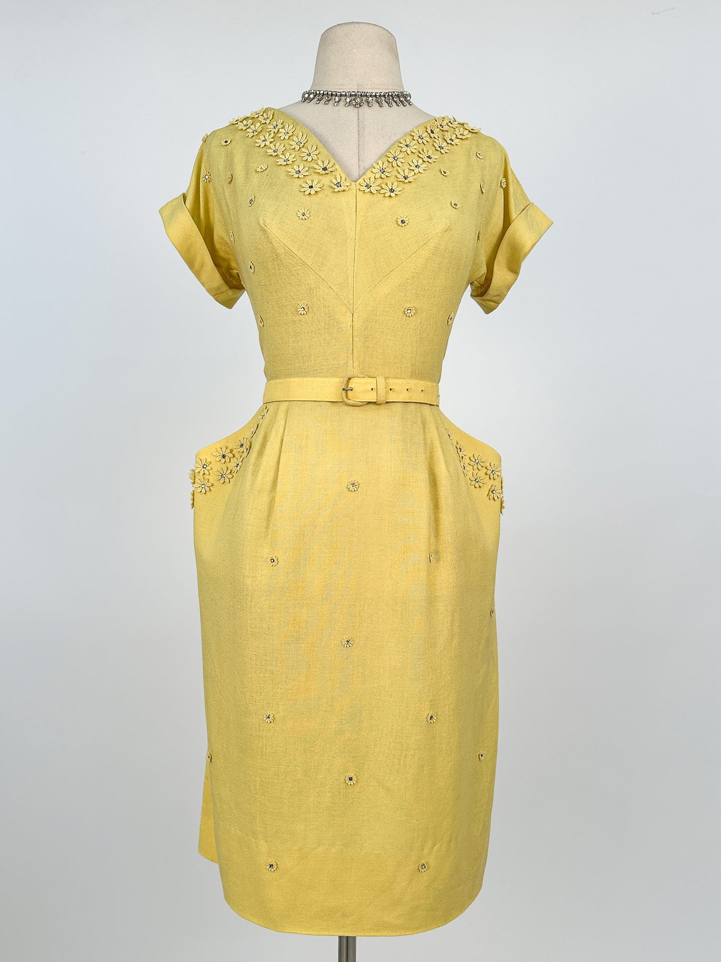 1950s Lemon Yellow Linen Wiggle Dress / Waist 28