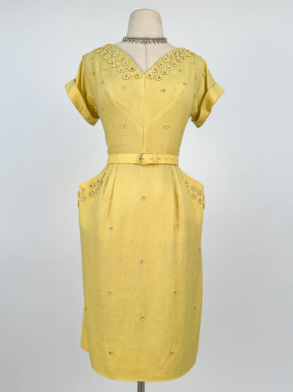 1950s Lemon Yellow Linen Wiggle Dress / Waist 28