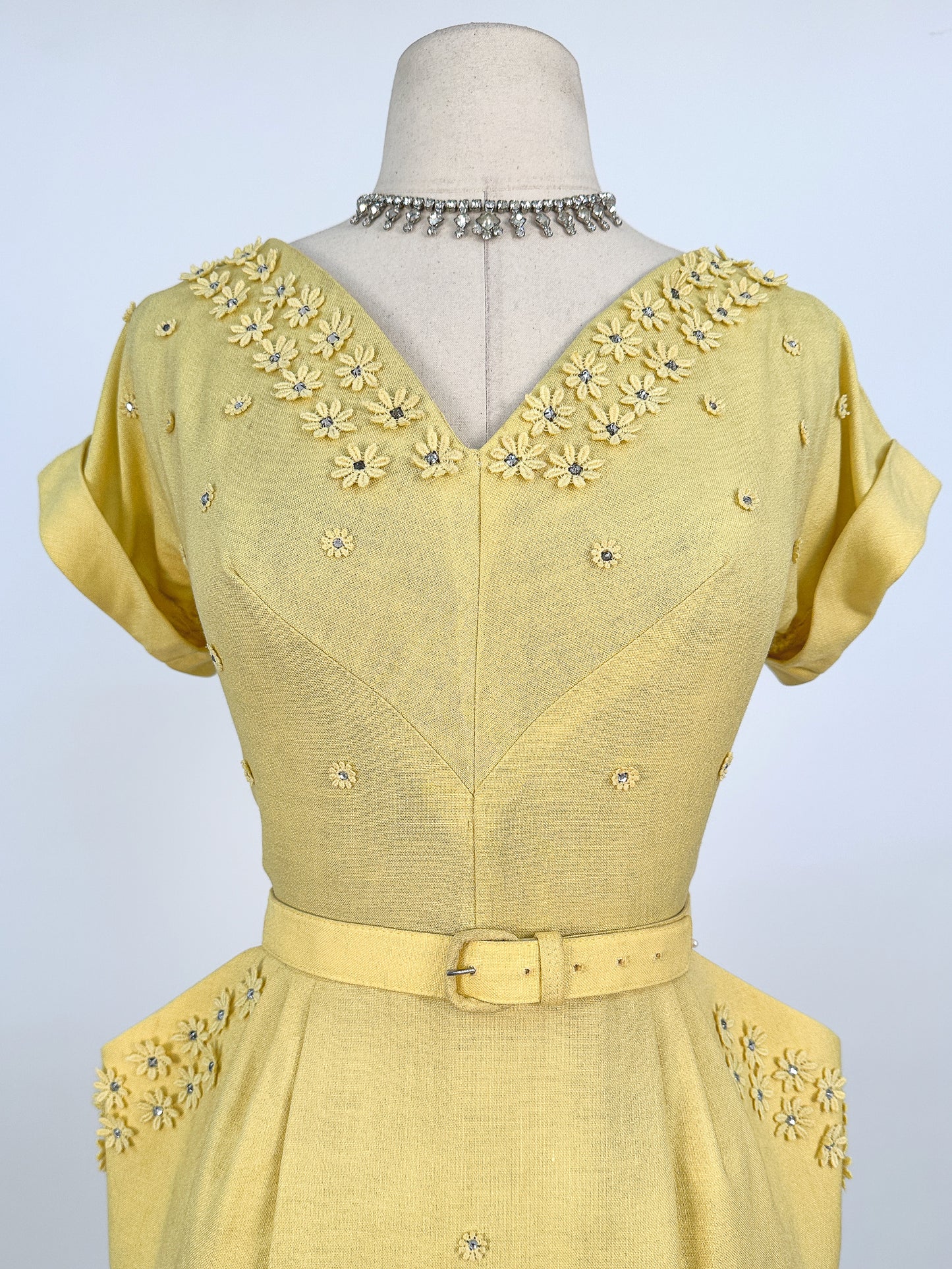 1950s Lemon Yellow Linen Wiggle Dress / Waist 28