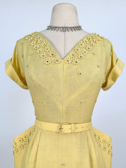 1950s Lemon Yellow Linen Wiggle Dress / Waist 28
