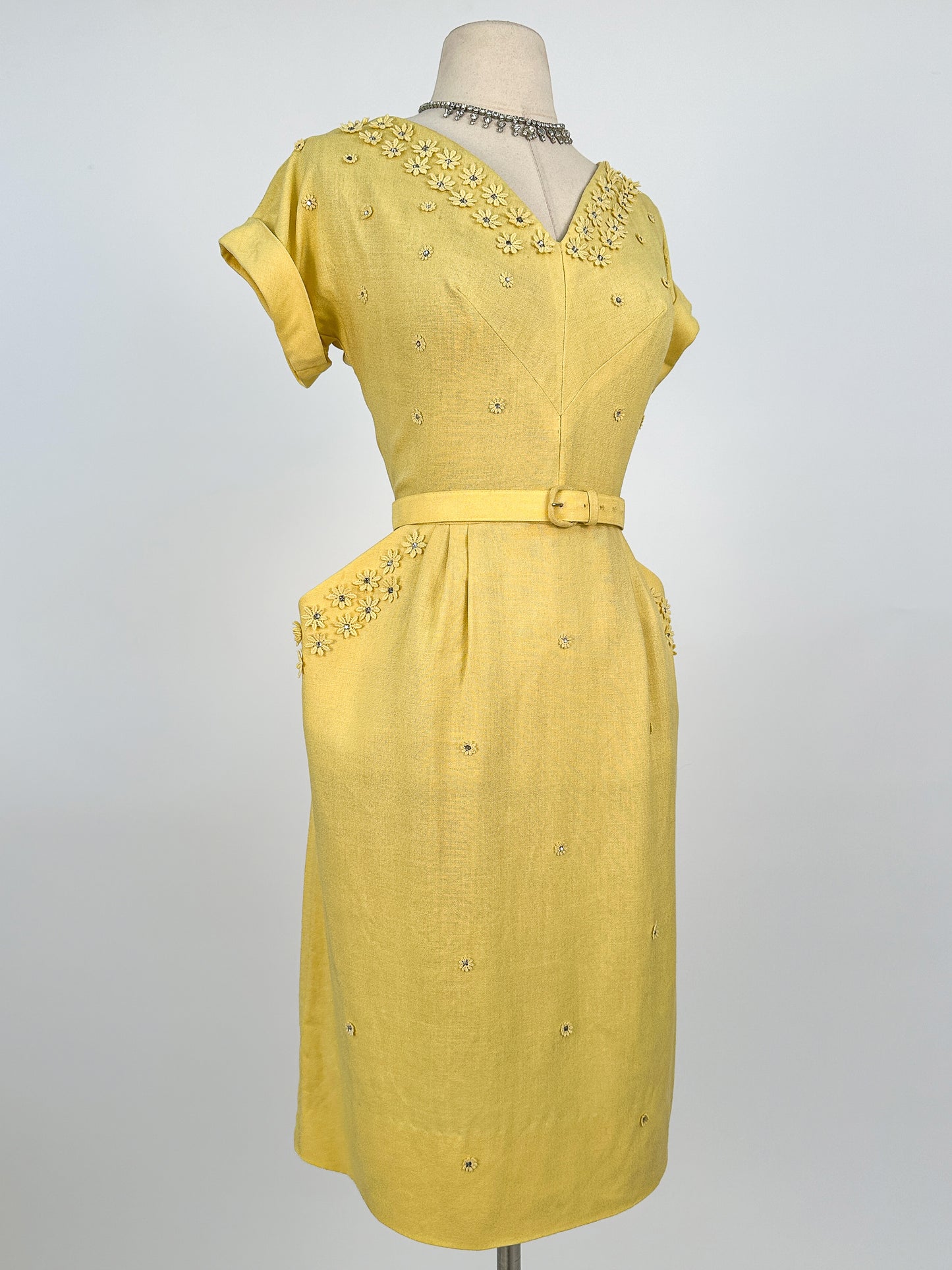 1950s Lemon Yellow Linen Wiggle Dress / Waist 28