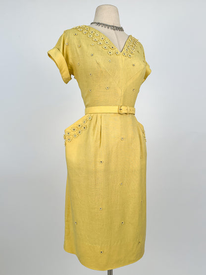 1950s Lemon Yellow Linen Wiggle Dress / Waist 28