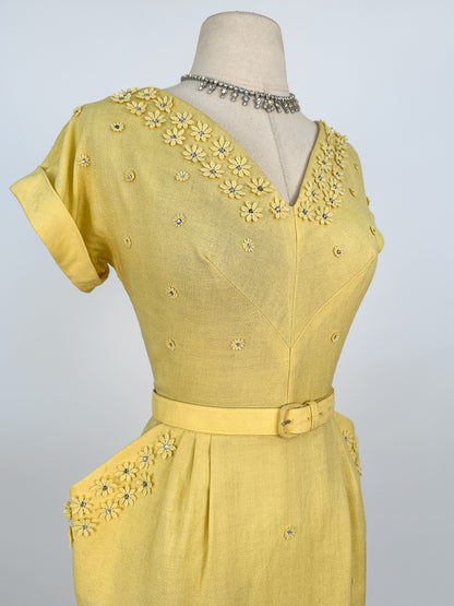 1950s Lemon Yellow Linen Wiggle Dress / Waist 28