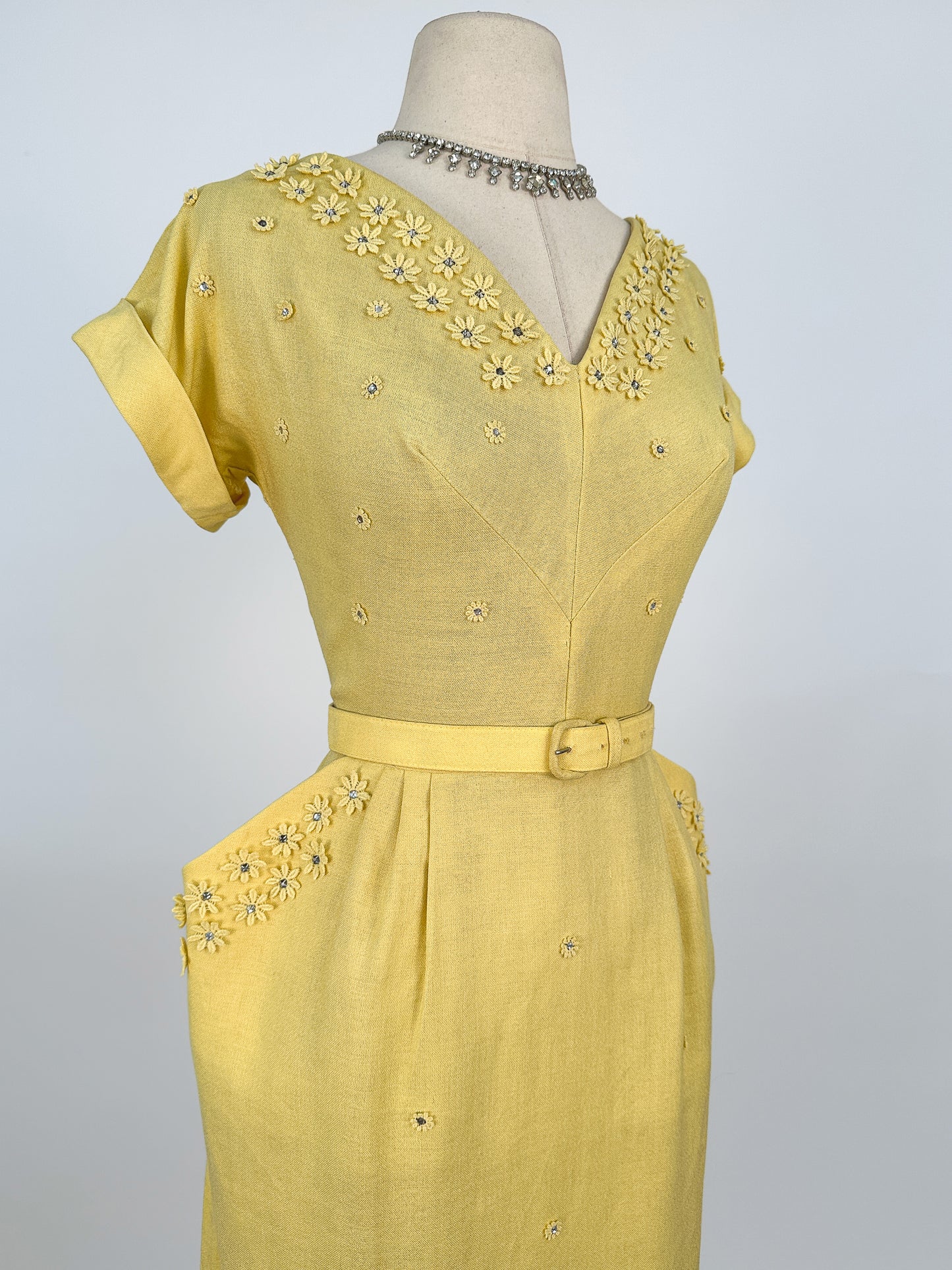 1950s Lemon Yellow Linen Wiggle Dress / Waist 28