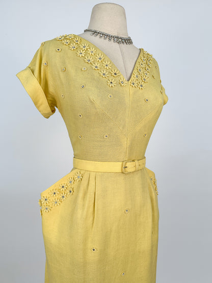 1950s Lemon Yellow Linen Wiggle Dress / Waist 28