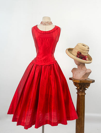 1950s Vibrant Red Drop Waist Sun Dress / Waist 28