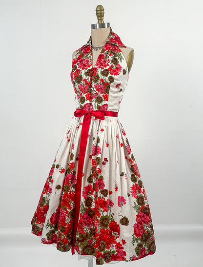 1950s Floral Cotton Halter Dress / Waist 24