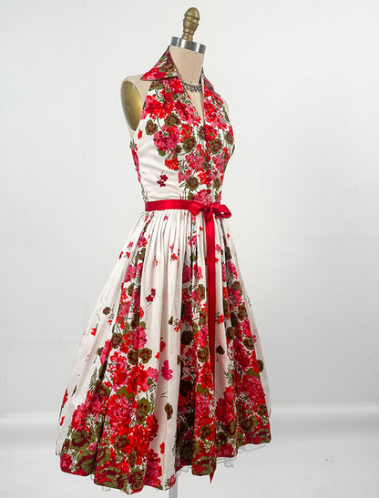 1950s Floral Cotton Halter Dress / Waist 24