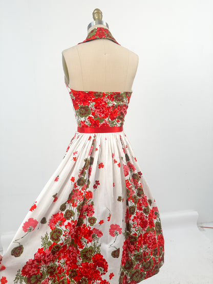 1950s Floral Cotton Halter Dress / Waist 24