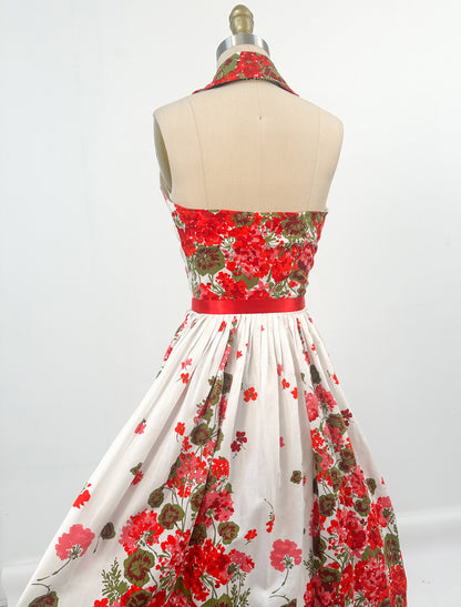 1950s Floral Cotton Halter Dress / Waist 24