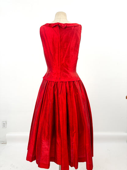 1950s Vibrant Red Drop Waist Sun Dress / Waist 28