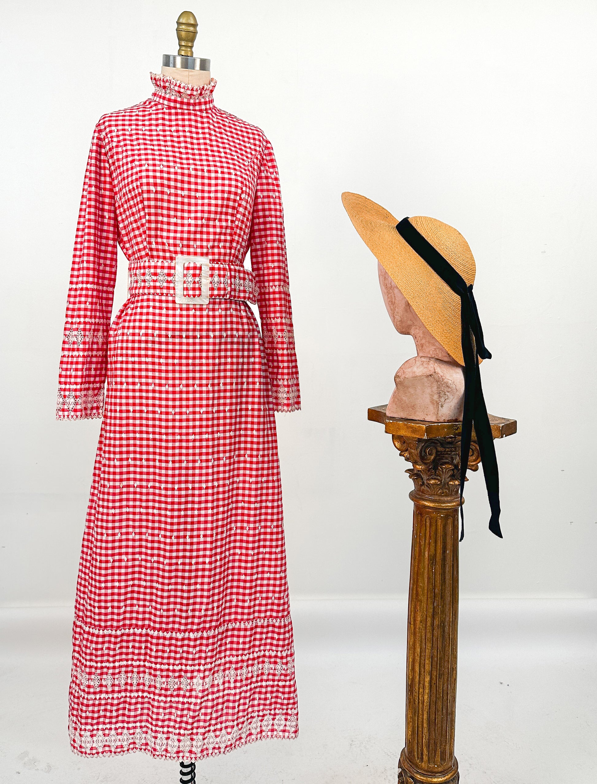 1960s Red Gingham Picnic Dress with Ruffled Collar / Waist 28 1960s Red Gingham Picnic Dress with Ruffled Collar / Waist 28
