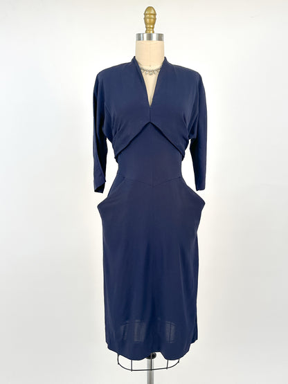 1940s Navy Crepe Wiggle Dress with Pockets / Waist 26