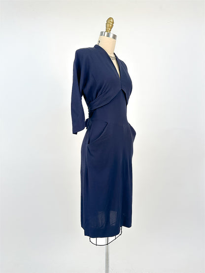 1940s Navy Crepe Wiggle Dress with Pockets / Waist 26