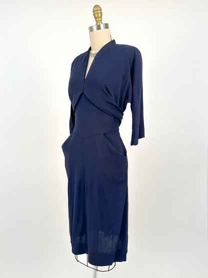 1940s Navy Crepe Wiggle Dress with Pockets / Waist 26