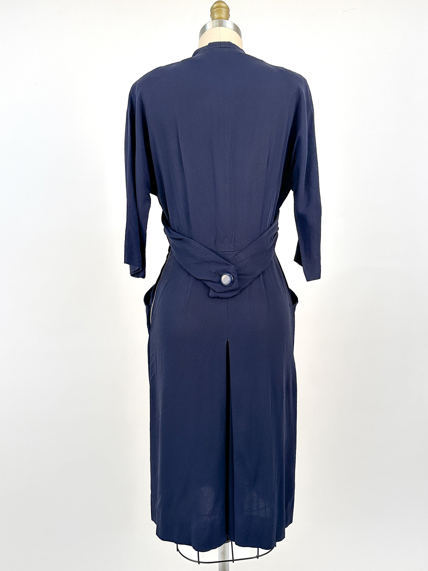 1940s Navy Crepe Wiggle Dress with Pockets / Waist 26