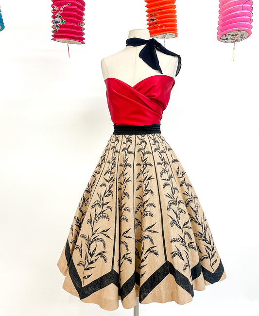 1950s Woven Circle Skirt 'Wheat' Print / Waist  28-32"