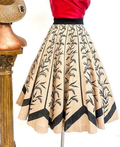 1950s Woven Circle Skirt 'Wheat' Print / Waist  28-32"