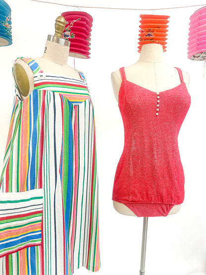 1950s Red Knitted Bathing Suit with 'Bullet' Bra / Bust 32-34