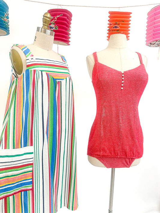 1950s Red Knitted Bathing Suit with 'Bullet' Bra / Bust 32-34