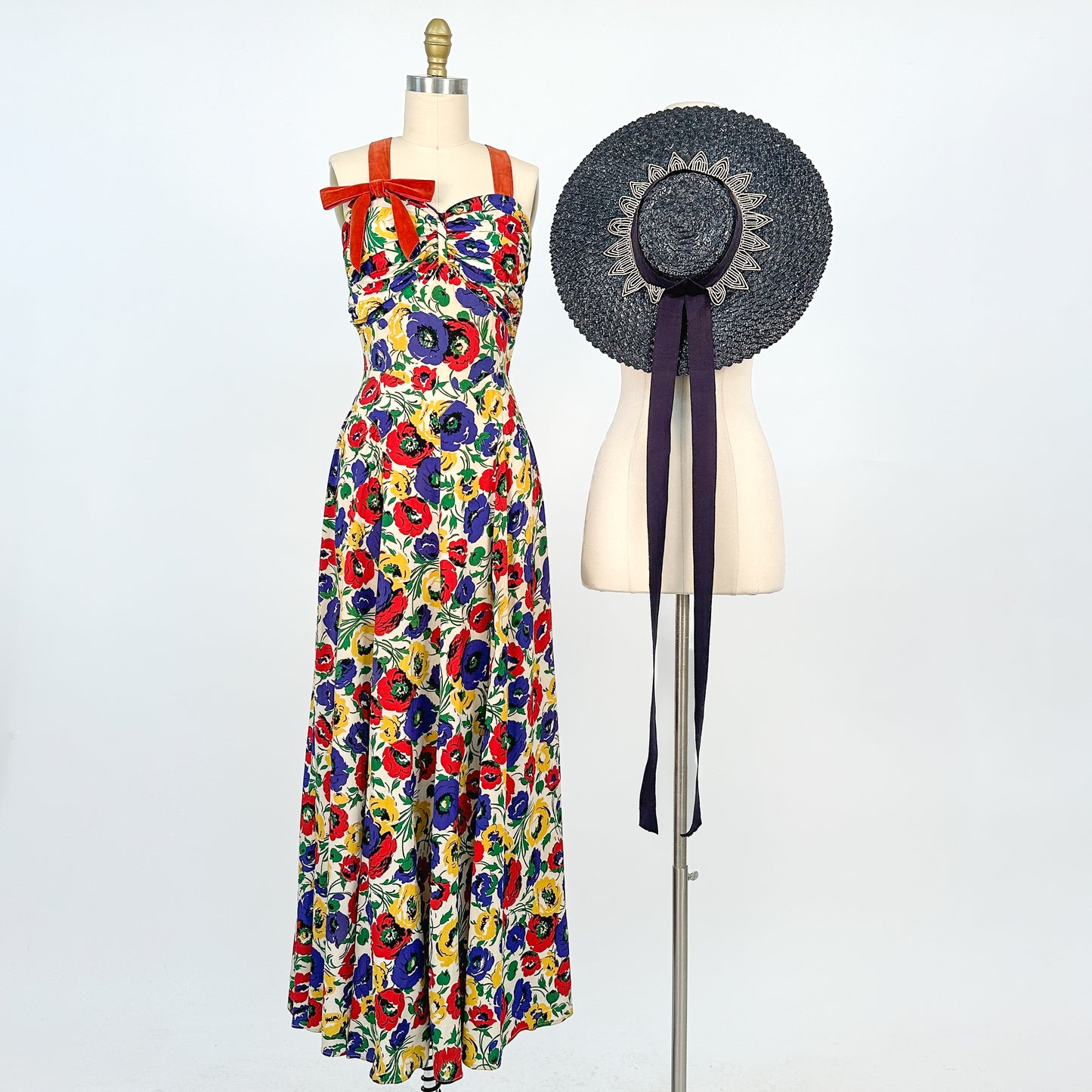 1940s Bright Floral Rayon Gown / Waist 26