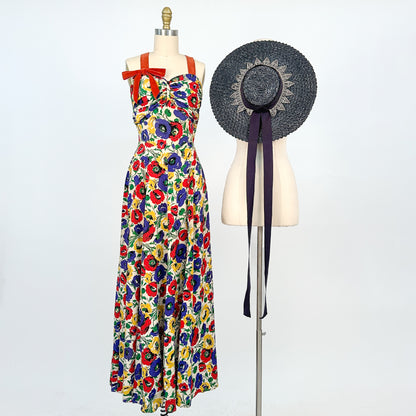 1940s Bright Floral Rayon Gown / Waist 26