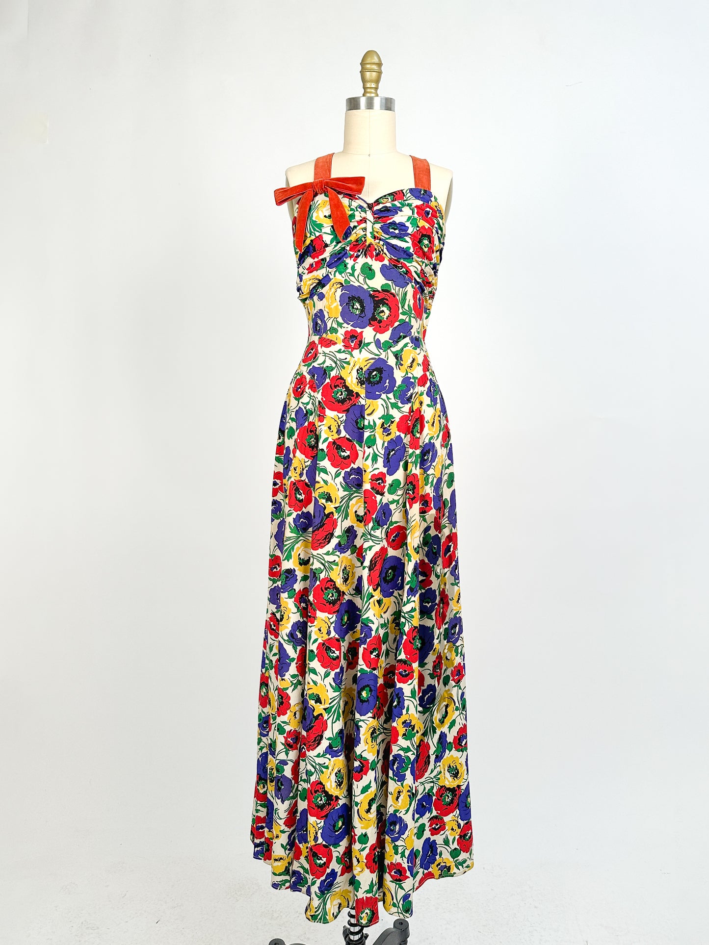 1940s Bright Floral Rayon Gown / Waist 26