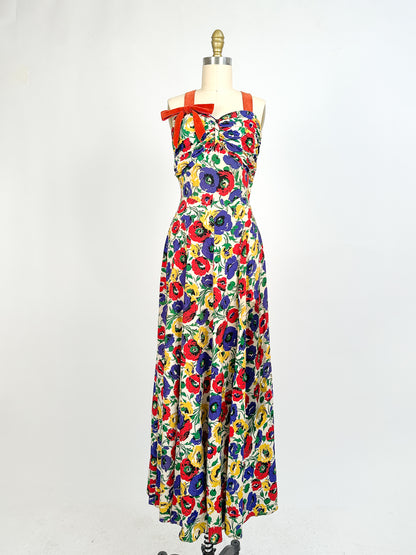 1940s Bright Floral Rayon Gown / Waist 26