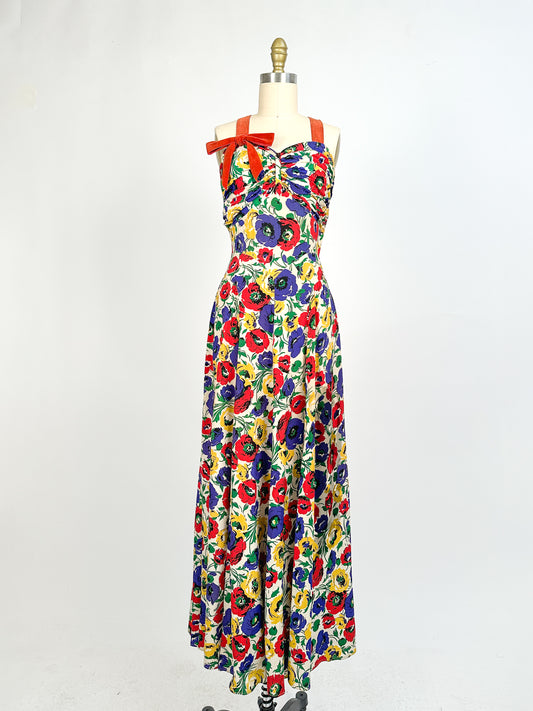1940s Bright Floral Rayon Gown / Waist 26