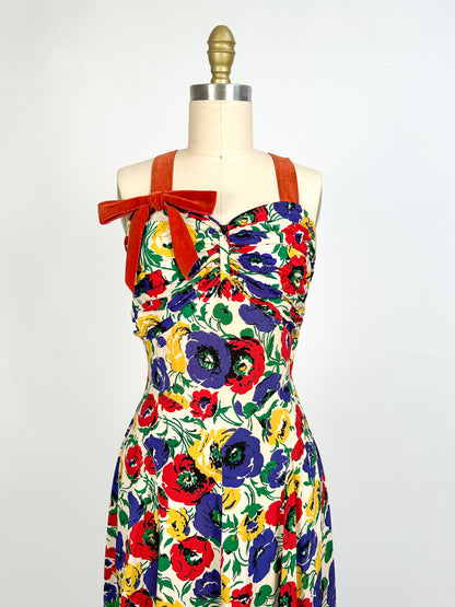 1940s Bright Floral Rayon Gown / Waist 26