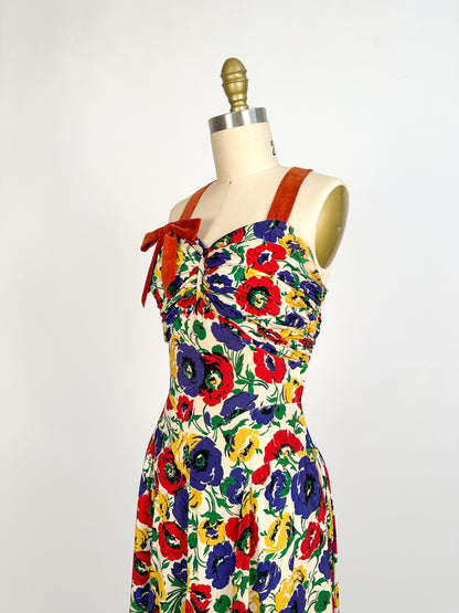 1940s Bright Floral Rayon Gown / Waist 26